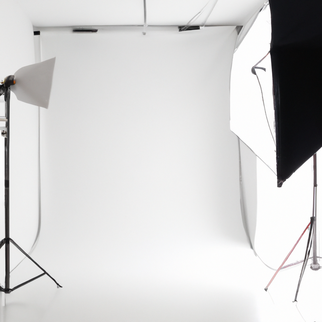 白いサイクロと柔らかな自然光が入るミニマルな東京のフォトスタジオ内観。ハイエンド照明とカメラ三脚が配置されたクリーンな空間。