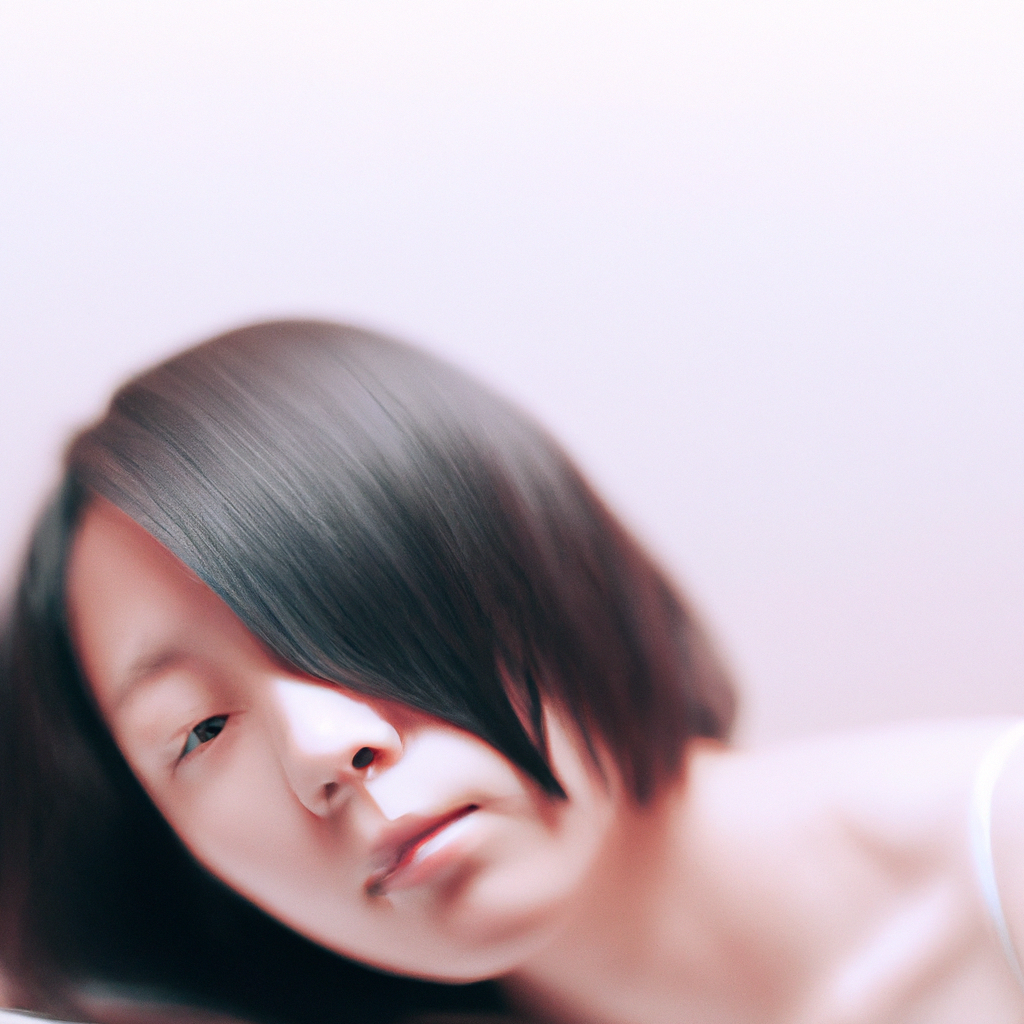 柔らかな光で撮影されたスタジオポートレート。クリーンな背景と繊細な肌表現。