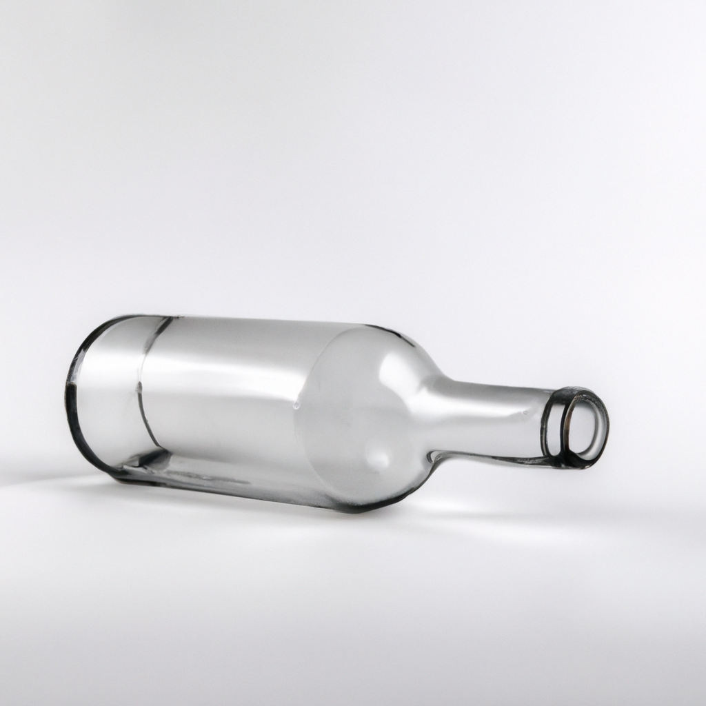 白いテーブルで撮影されたガラスボトルのクリーンな商品写真。柔らかな影が上品に落ちる。